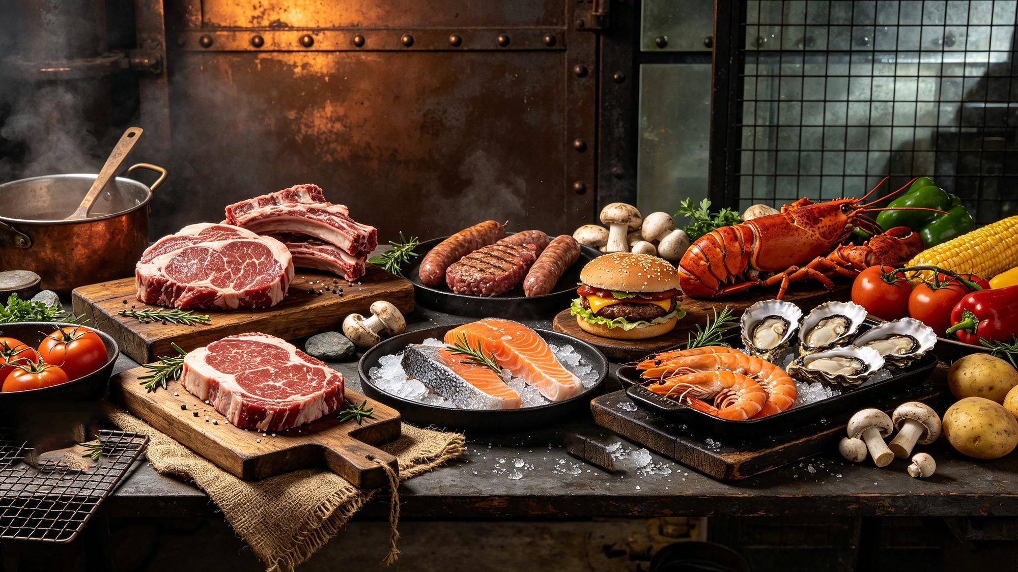 Premium frozen meat and seafood selection